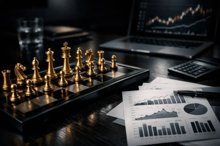 Strategic marketing planning by the best freelance digital marketer in Malappuram, featuring gold chess pieces and data growth charts.