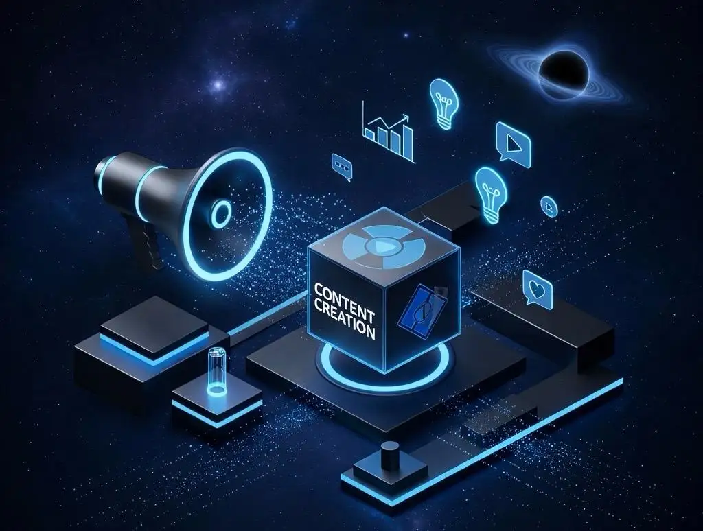 3D digital workstation with content creation cube and marketing icons for a digital marketer in Malappuram