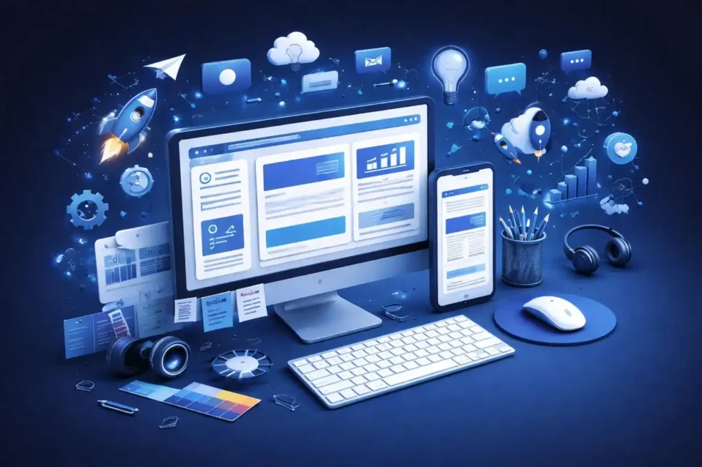 3D digital workstation with marketing icons for a digital marketer in Malappuram.