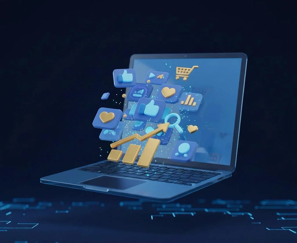 3D laptop with social media and growth icons by the best freelance digital marketer