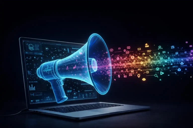 Digital workstation with a glowing megaphone and marketing icons for a freelance digital marketer in Malappuram