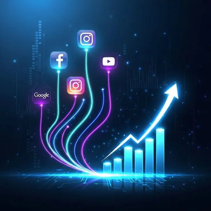 A glowing growth chart connected to Google, Facebook, and Instagram icons, showcasing the results of the best freelance digital marketer