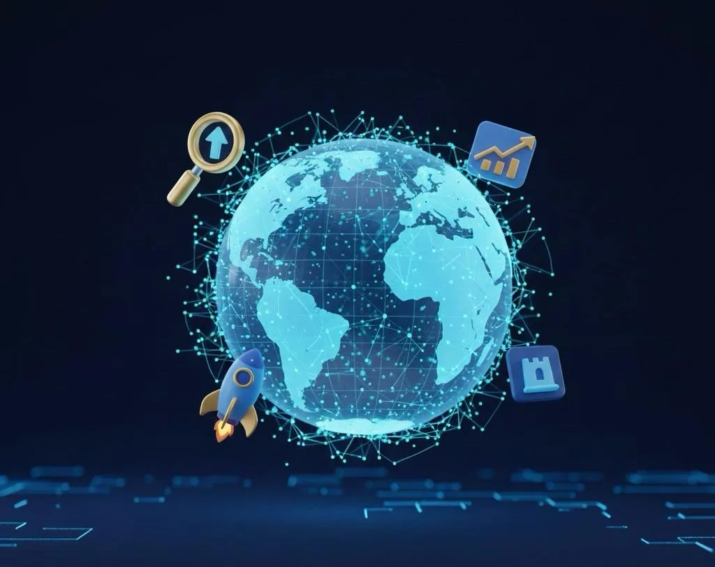 3D digital globe with SEO, growth, and security icons—services by the best freelance digital marketer